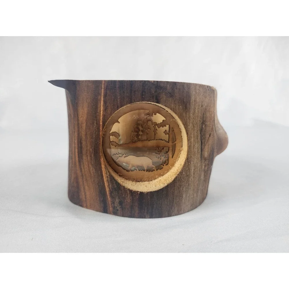 Handcrafted Live Edge Wood Tealight Holder Etched Forest Scene Rustic Decor Gift